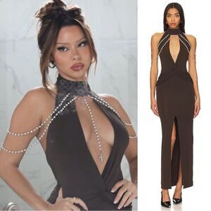 Loba Maxi Dress Debora Pearl Brown Halter Beaded Wedding Guest size S